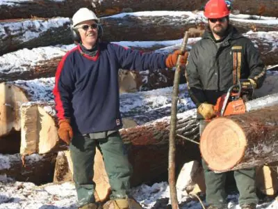 Image shows people standing in front of a large pile of logs. 