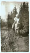 Image shows a black and white photo of a person on a horse with tall coniferous trees in the background. 