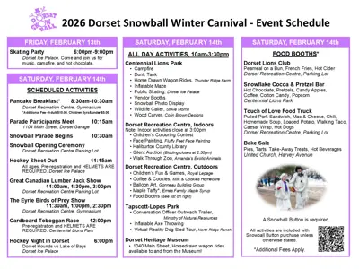 Imager shows schedule of activities for 2026 Dorset Snowball Winter Carnival. 